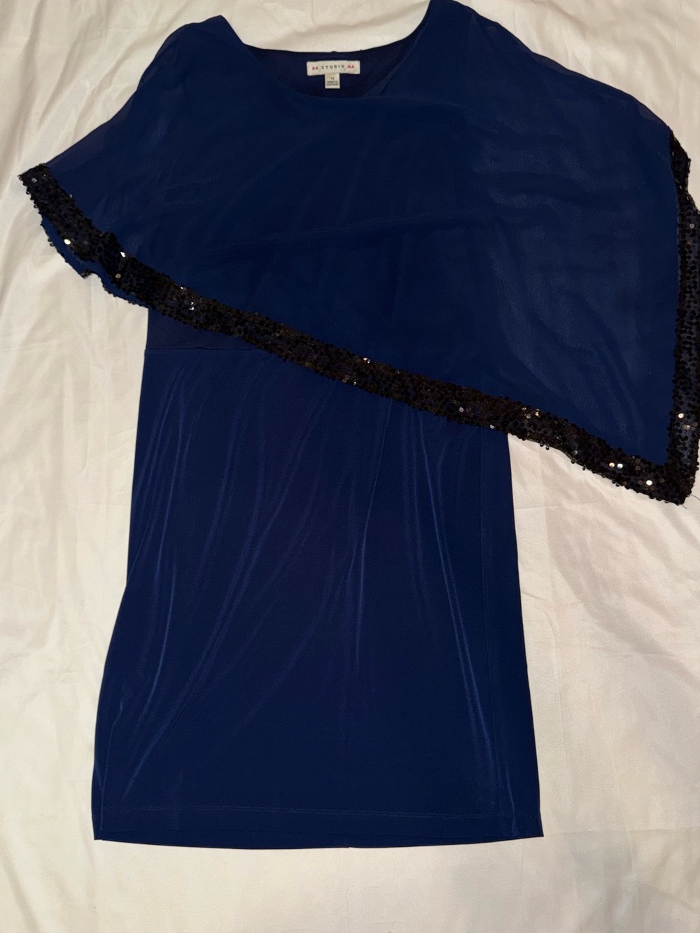 Navy Blue Sequin Trim Cape Overlay Dress Top